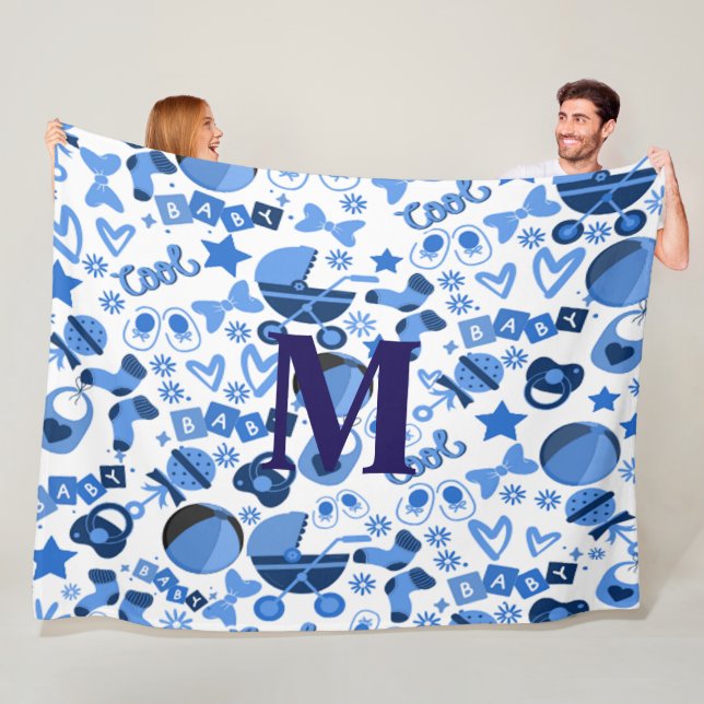 Cutecool blue Babyboy Nursery Pattern personalised Fleece Blanket (In Situ)