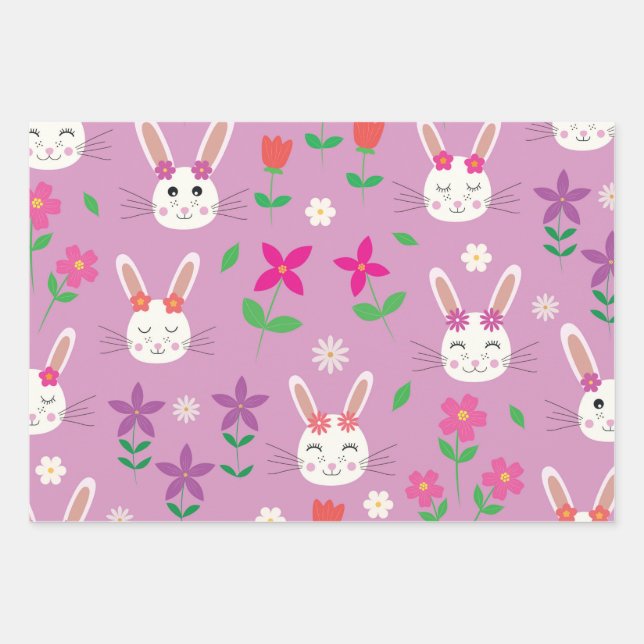 CuteEaster bunnies with Pink Orange Purple Flower Wrapping Paper Sheet (Front)