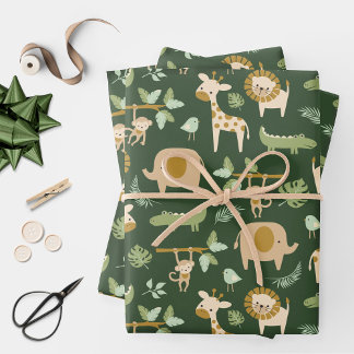 CuteJungle Animals on Dark Green Background Wrapping Paper Sheet
