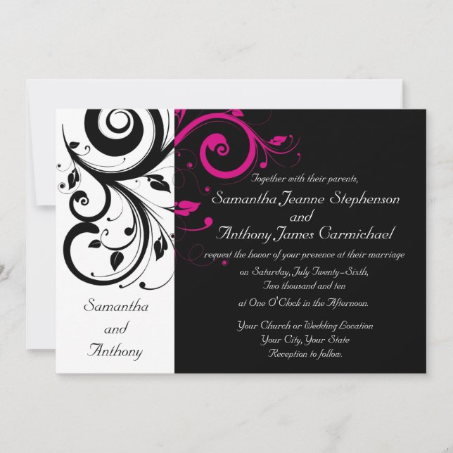 CuteNComfy Black Magenta Swirl Wedding Invitations (Front)