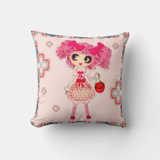 CutePpretty Girly PinkyP Pink Kawaii Girl by LeahG Cushion (Front)