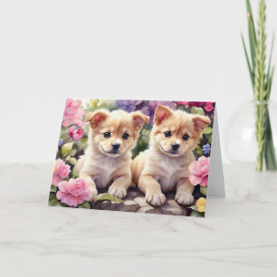 Cuter Puppies in the Flower Garden Watercolor  Card