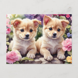 Cuter Puppies in the Flower Garden Watercolor Postcard