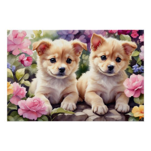 Cuter Puppies in the Flower Garden Watercolor  Poster