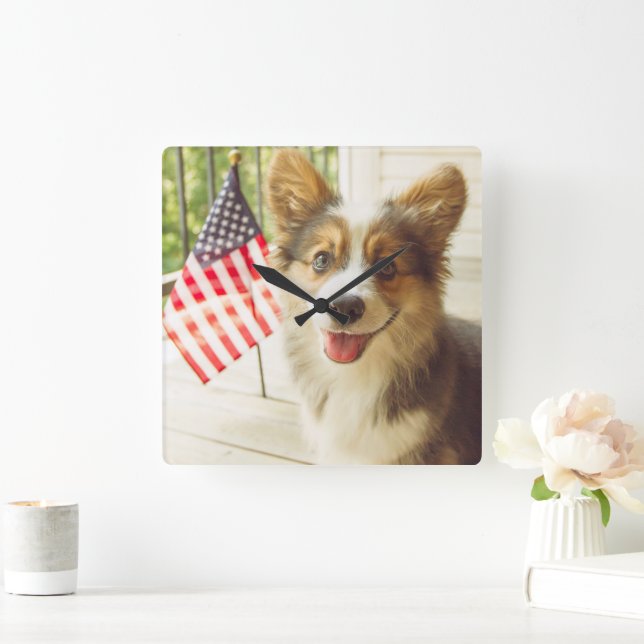 Cutest Baby Animals | American Flag Corgi Square Wall Clock (Home)