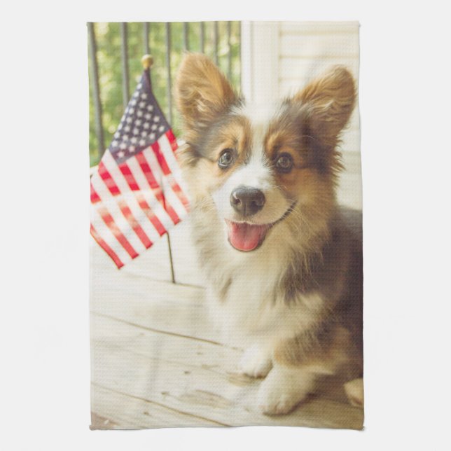 Cutest Baby Animals | American Flag Corgi Tea Towel (Vertical)