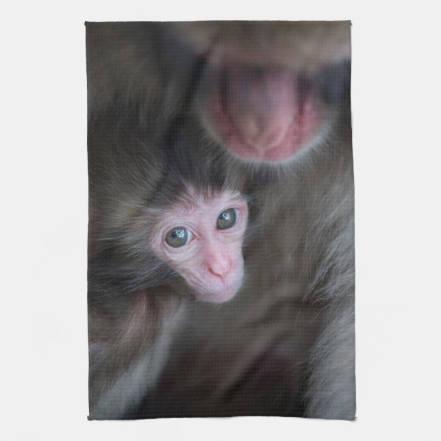 Cutest Baby Animals | Baby Macaque Monkey & Mother Tea Towel (Vertical)