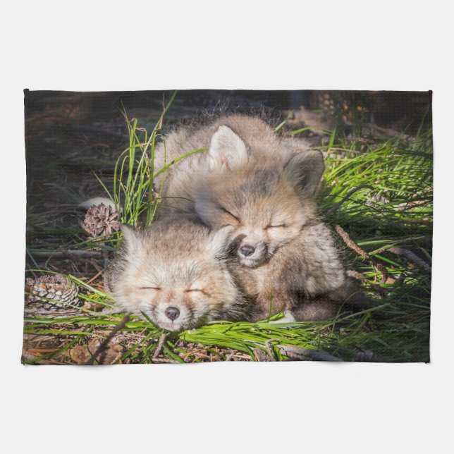 Cutest Baby Animals | Baby Red Fox Kits Sleeping Tea Towel (Horizontal)