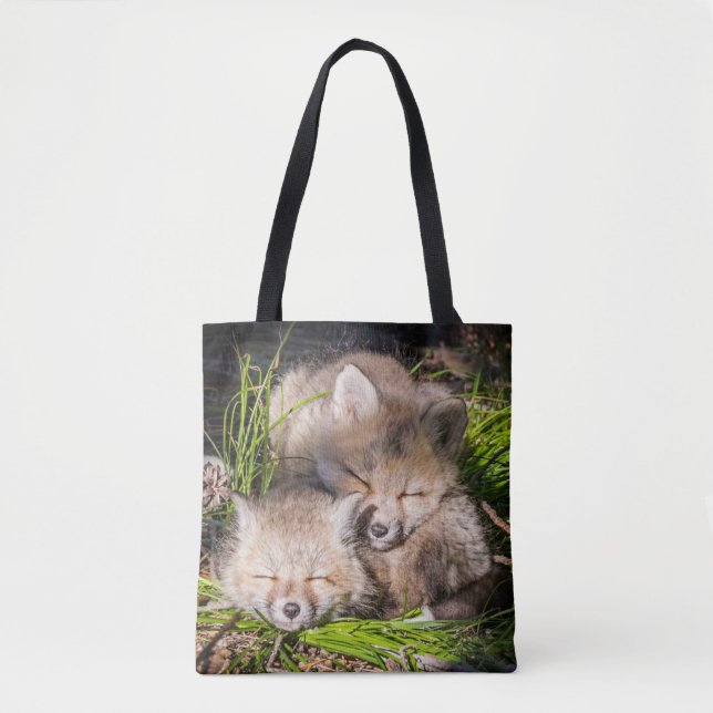 Cutest Baby Animals | Baby Red Fox Kits Sleeping Tote Bag (Front)