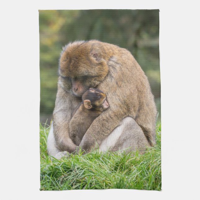 Cutest Baby Animals | Barbary Macaque Family Tea Towel (Vertical)