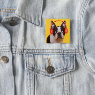 Cutest Baby Animals   Boston Terrier Headphones 15 Cm Square Badge