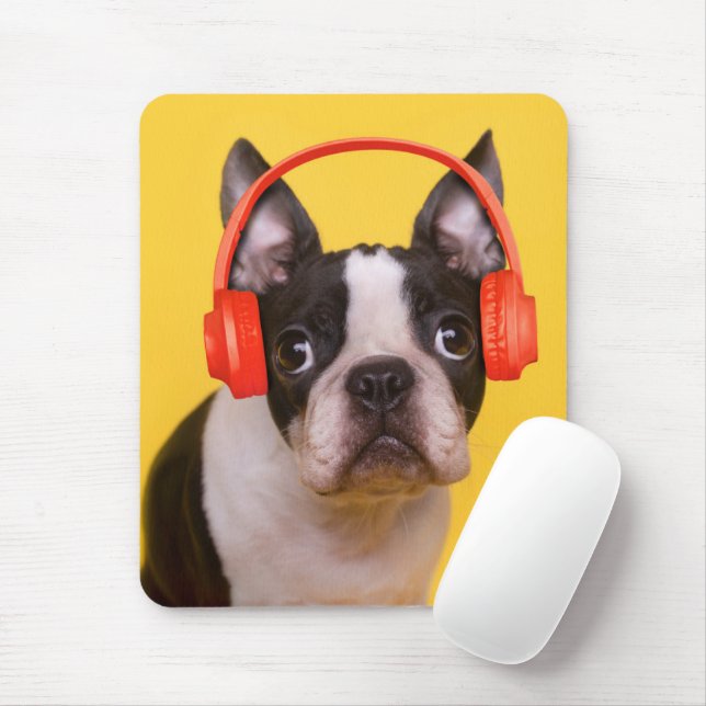Cutest Baby Animals | Boston Terrier Headphones Mouse Mat (With Mouse)