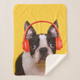 Cutest Baby Animals   Boston Terrier Headphones Sherpa Blanket