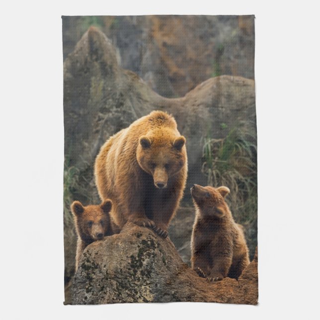 Cutest Baby Animals | Brown Bear Family Tea Towel (Vertical)