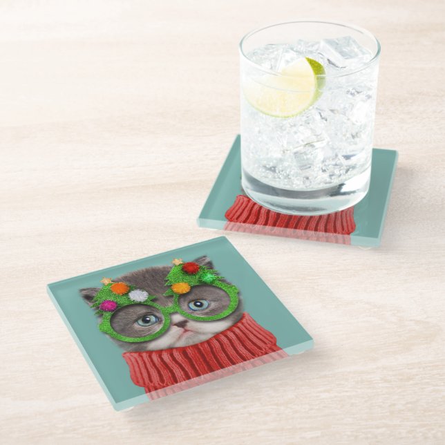 Cutest Baby Animals | Cat Christmas Sweater Glass Coaster (Angled)