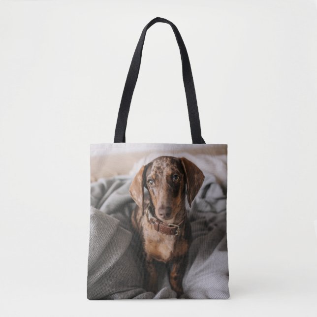Cutest Baby Animals | Chocolate Dapple Dachshund Tote Bag (Front)