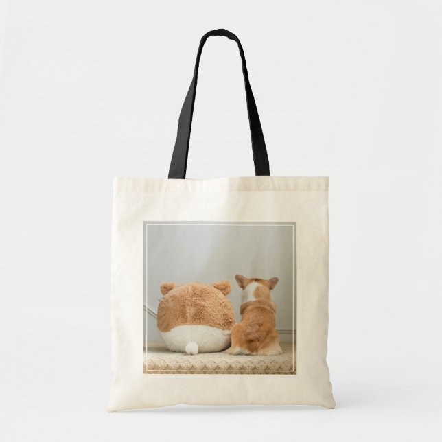 Cutest Baby Animals | Corgi & Plush Puppy Tote Bag (Front)
