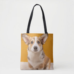 Cutest Baby Animals Corgi Portrait on Orange Tote Bag