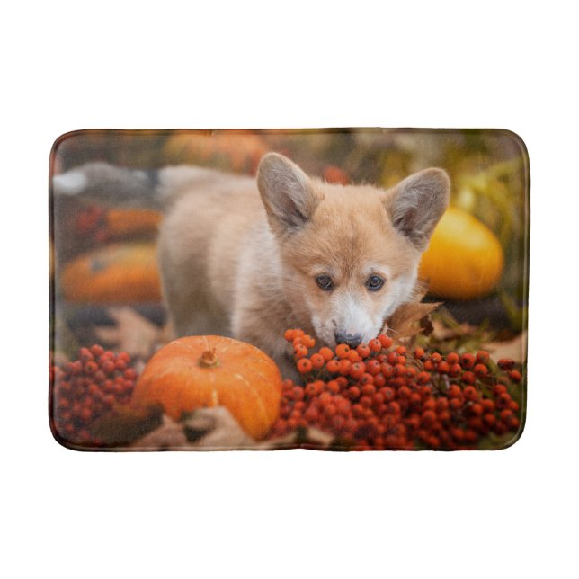Cutest Baby Animals | Corgi Puppy  in Autumn Bath Mat (Front)