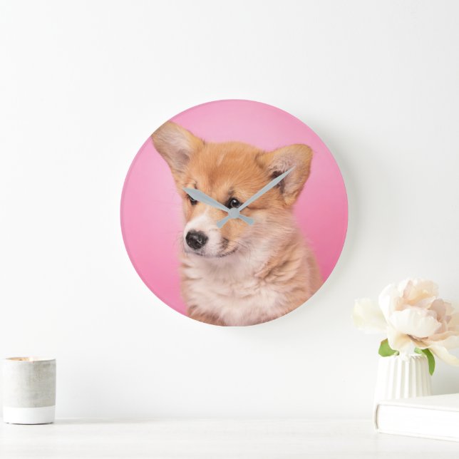 Cutest Baby Animals | Corgi Puppy on Pink Large Clock (Home)