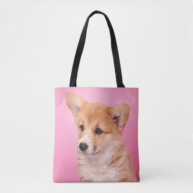 Cutest Baby Animals | Corgi Puppy on Pink Tote Bag (Front)