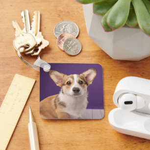 Cutest Baby Animals Corgi Puppy on Purple Key Ring