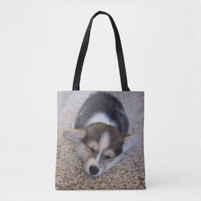 Cutest Baby Animals | Corgi Puppy on Shag Rug Tote Bag (Front)