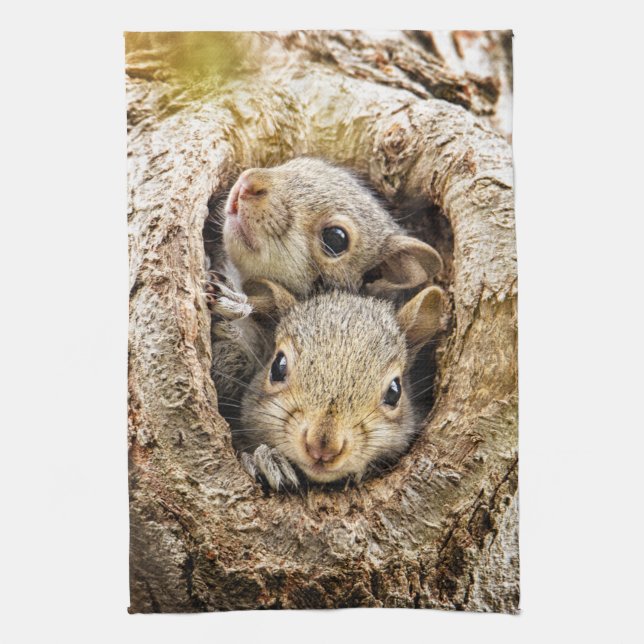 Cutest Baby Animals | Curious Baby Squirrels Tea Towel (Vertical)