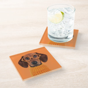 Cutest Baby Animals   Dachshund Orange Sweater Glass Coaster