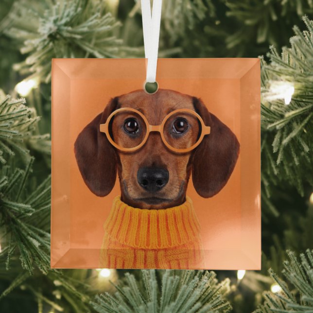 Cutest Baby Animals | Dachshund Orange Sweater Glass Tree Decoration (Insitu)