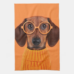 Cutest Baby Animals   Dachshund Orange Sweater Tea Towel