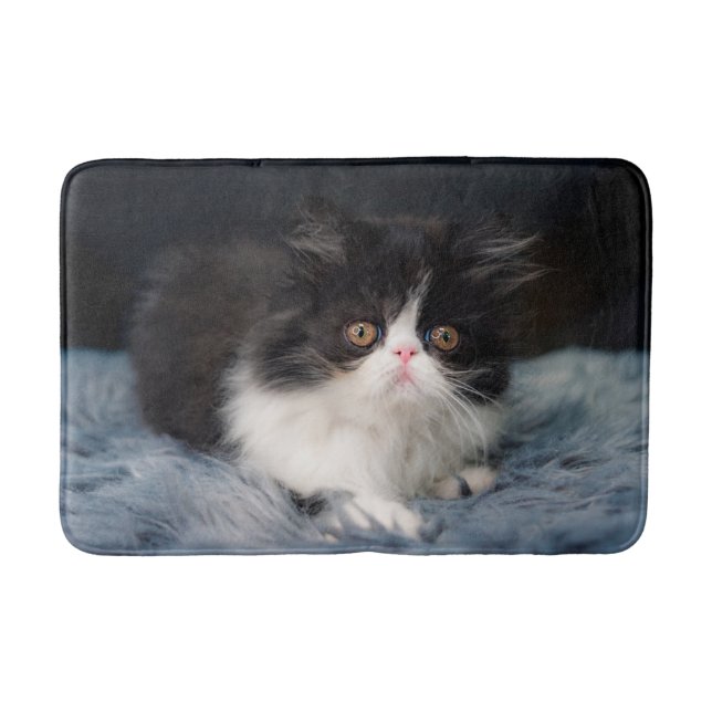 Cutest Baby Animals | Fluffy B&W Kitten Bath Mat (Front)