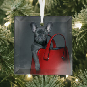 Cutest Baby Animals   French Bulldog in Handbag Glass Tree Decoration
