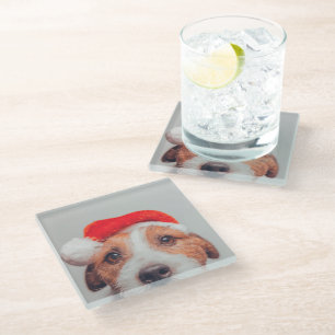 Cutest Baby Animals Jack Russell Dog Santa Claus Glass Coaster
