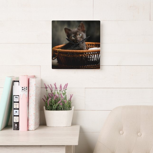 Cutest Baby Animals | Kitten in Basket Square Wall Clock (Reading Room)