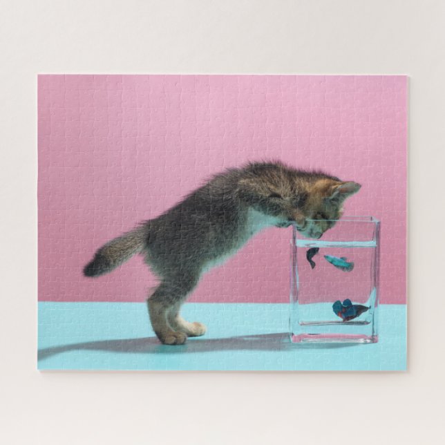 Cutest Baby Animals | Kitten Looking at Fish Bowl Jigsaw Puzzle (Horizontal)