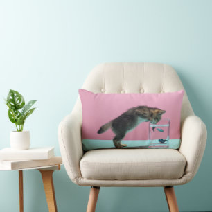 Cutest Baby Animals   Kitten Looking at Fish Bowl Lumbar Cushion