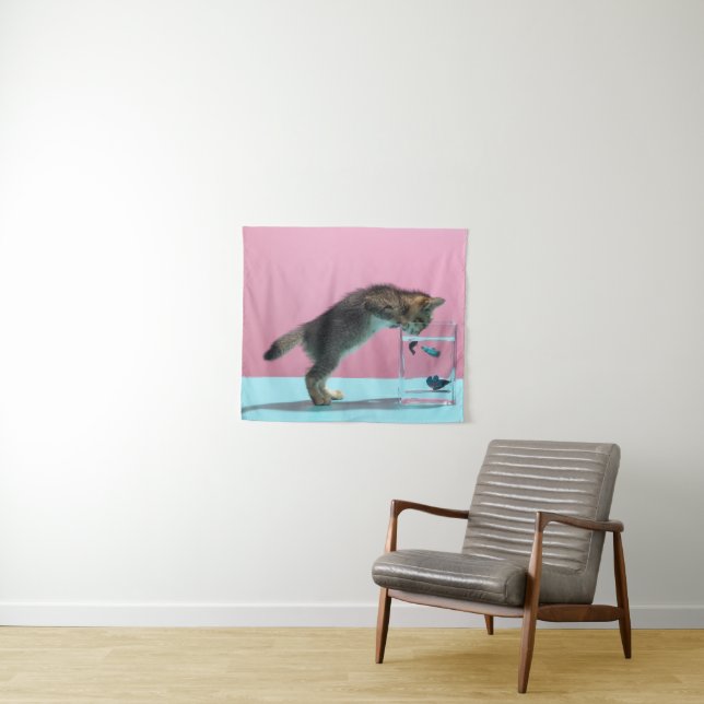 Cutest Baby Animals | Kitten Looking at Fish Bowl Tapestry (In Situ (Horizontal))