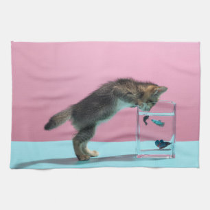 Cutest Baby Animals Kitten Looking at Fish Bowl Tea Towel