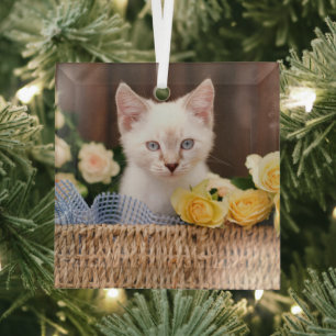 Cutest Baby Animals Kitten & Yellow Roses Glass Tree Decoration