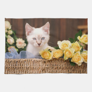 Cutest Baby Animals   Kitten & Yellow Roses Tea Towel