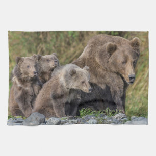 Cutest Baby Animals   Kodiak Mama Bear & Cubs Tea Towel