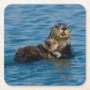 Cutest Baby Animals Mother & Baby Sea Otter Square Paper Coaster