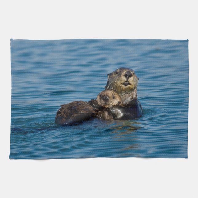 Cutest Baby Animals | Mother & Baby Sea Otter Tea Towel (Horizontal)