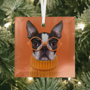 Cutest Baby Animals Orange Boston Terrier Glass Tree Decoration