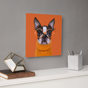Cutest Baby Animals   Orange Boston Terrier Square Wall Clock