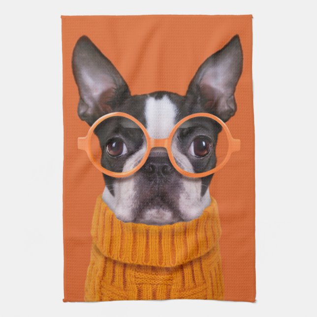 Cutest Baby Animals | Orange Boston Terrier Tea Towel (Vertical)