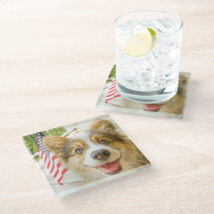 Cutest Baby Animals Patriotic Corgi Puppy Glass Coaster