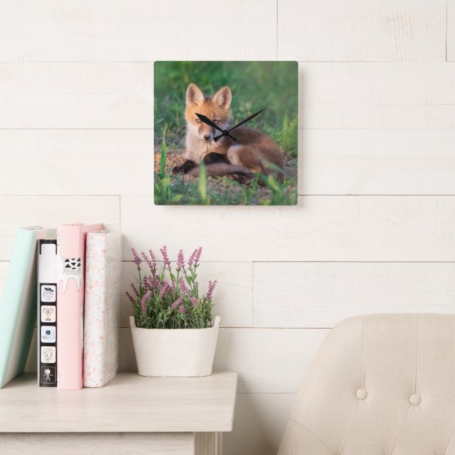 Cutest Baby Animals | Red Fox Kit Relaxing Square Wall Clock (Reading Room)