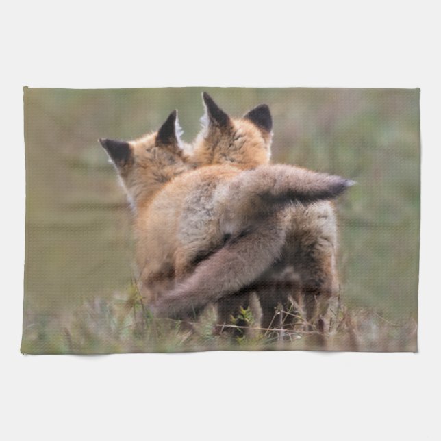 Cutest Baby Animals | Red Fox Kits Locking Tails Tea Towel (Horizontal)